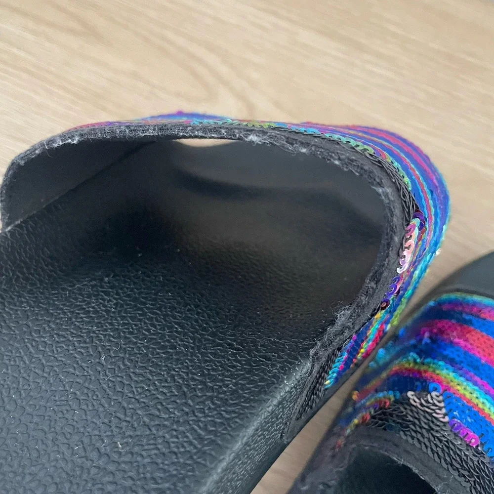 Adidas Adilette Rainbow Sequin Slides Black Multi Color Stripe Kids Size 3